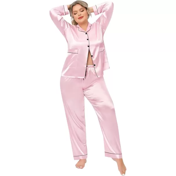 imageSWOMOG Women Plus Size Long Sleeve Pajamas Silk Satin Pajama Sets Button Down Sleepwear Pjs Loungewear with PocketsPink