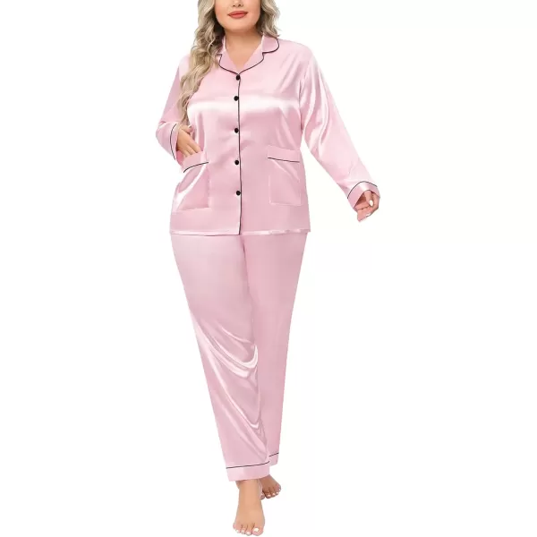 imageSWOMOG Women Plus Size Long Sleeve Pajamas Silk Satin Pajama Sets Button Down Sleepwear Pjs Loungewear with PocketsPink