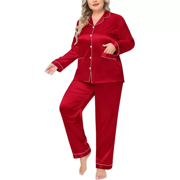 imageSWOMOG Women Plus Size Long Sleeve Pajamas Silk Satin Pajama Sets Button Down Sleepwear Pjs Loungewear with PocketsRed