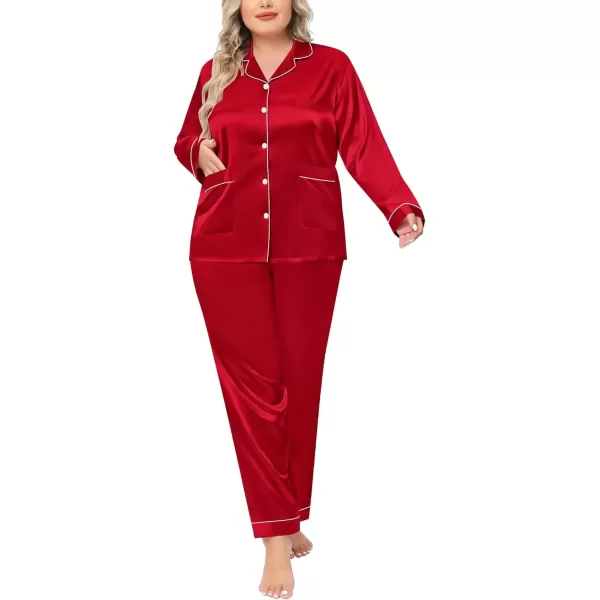 imageSWOMOG Women Plus Size Long Sleeve Pajamas Silk Satin Pajama Sets Button Down Sleepwear Pjs Loungewear with PocketsRed