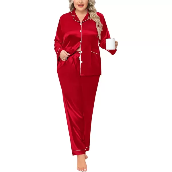 imageSWOMOG Women Plus Size Long Sleeve Pajamas Silk Satin Pajama Sets Button Down Sleepwear Pjs Loungewear with PocketsRed
