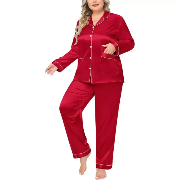 imageSWOMOG Women Plus Size Long Sleeve Pajamas Silk Satin Pajama Sets Button Down Sleepwear Pjs Loungewear with PocketsRed Apple