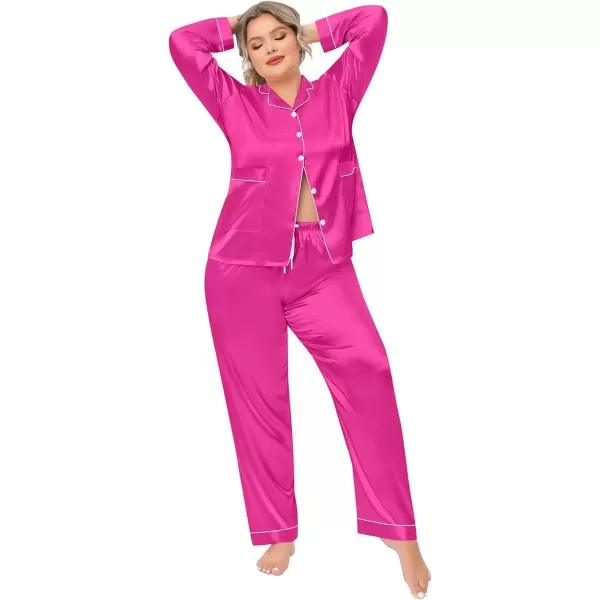 imageSWOMOG Women Plus Size Long Sleeve Pajamas Silk Satin Pajama Sets Button Down Sleepwear Pjs Loungewear with PocketsRose Red