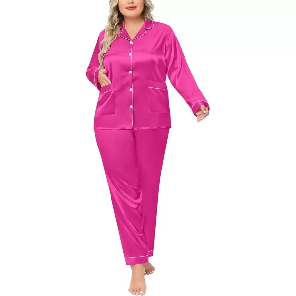 imageSWOMOG Women Plus Size Long Sleeve Pajamas Silk Satin Pajama Sets Button Down Sleepwear Pjs Loungewear with PocketsRose Red