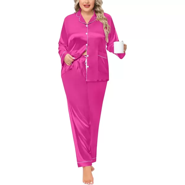 imageSWOMOG Women Plus Size Long Sleeve Pajamas Silk Satin Pajama Sets Button Down Sleepwear Pjs Loungewear with PocketsRose Red