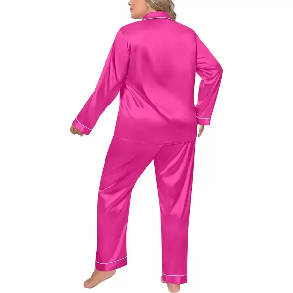 imageSWOMOG Women Plus Size Long Sleeve Pajamas Silk Satin Pajama Sets Button Down Sleepwear Pjs Loungewear with PocketsRose Red