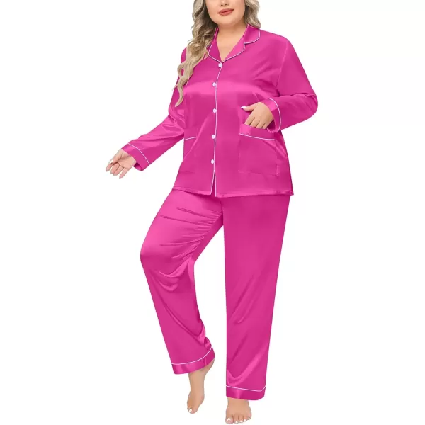 imageSWOMOG Women Plus Size Long Sleeve Pajamas Silk Satin Pajama Sets Button Down Sleepwear Pjs Loungewear with PocketsRose Red