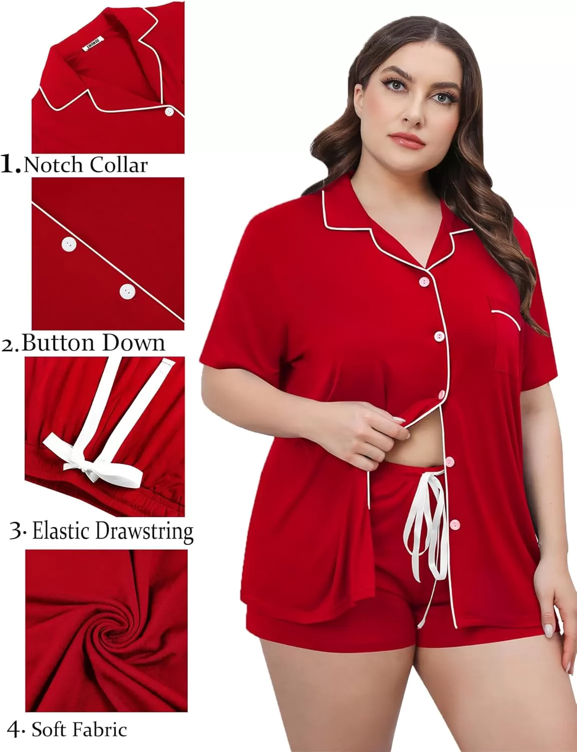 imageSWOMOG Womens Plus Size Pajama Set Short Sleeve Sleepwear Top and Pants Button Up Pajamas for Women LoungewearZred Color