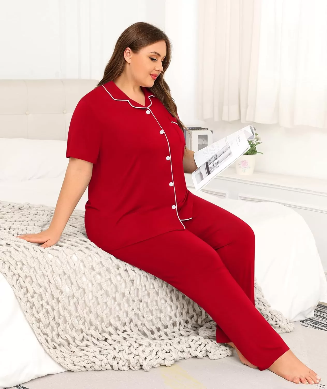 imageSWOMOG Womens Plus Size Pajama Set Short Sleeve Sleepwear Top and Pants Button Up Pajamas for Women LoungewearZred Color