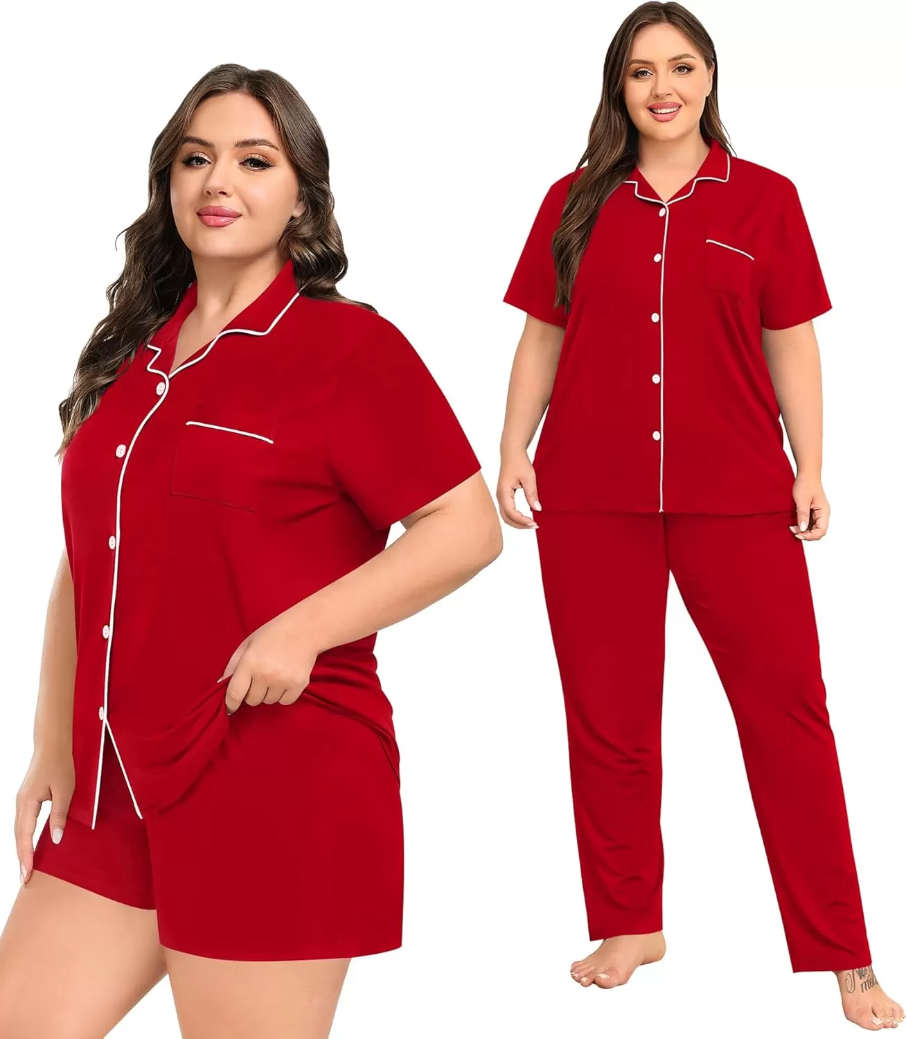 imageSWOMOG Womens Plus Size Pajama Set Short Sleeve Sleepwear Top and Pants Button Up Pajamas for Women LoungewearZred Color