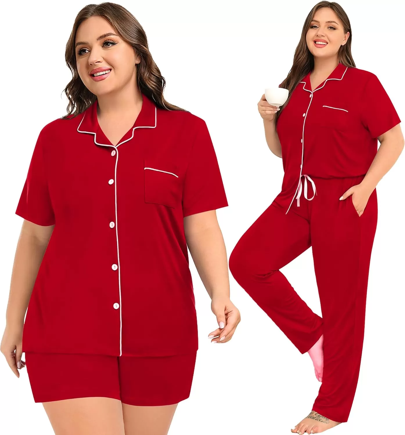imageSWOMOG Womens Plus Size Pajama Set Short Sleeve Sleepwear Top and Pants Button Up Pajamas for Women LoungewearZred Color