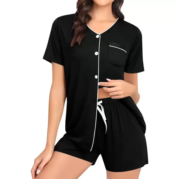 imageSWOMOG Pajama Sets for Women 2 Piece Button Down Sleepwear VNeck Pjs Set Loungewear SXXLBlack