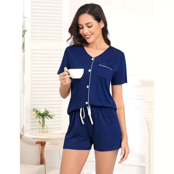 imageSWOMOG Pajama Sets for Women 2 Piece Button Down Sleepwear VNeck Pjs Set Loungewear SXXLNavy Blue