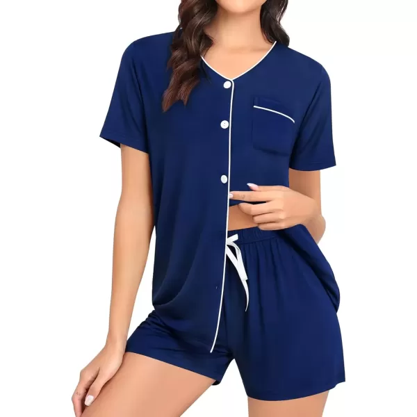 imageSWOMOG Pajama Sets for Women 2 Piece Button Down Sleepwear VNeck Pjs Set Loungewear SXXLNavy Blue