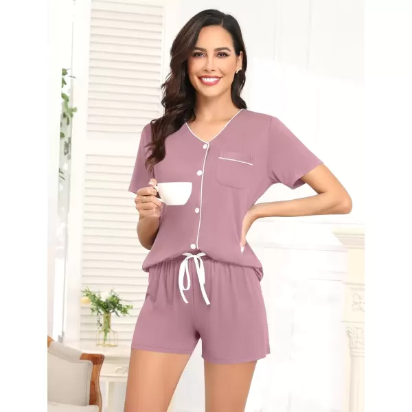 imageSWOMOG Pajama Sets for Women 2 Piece Button Down Sleepwear VNeck Pjs Set Loungewear SXXLTaro Purple