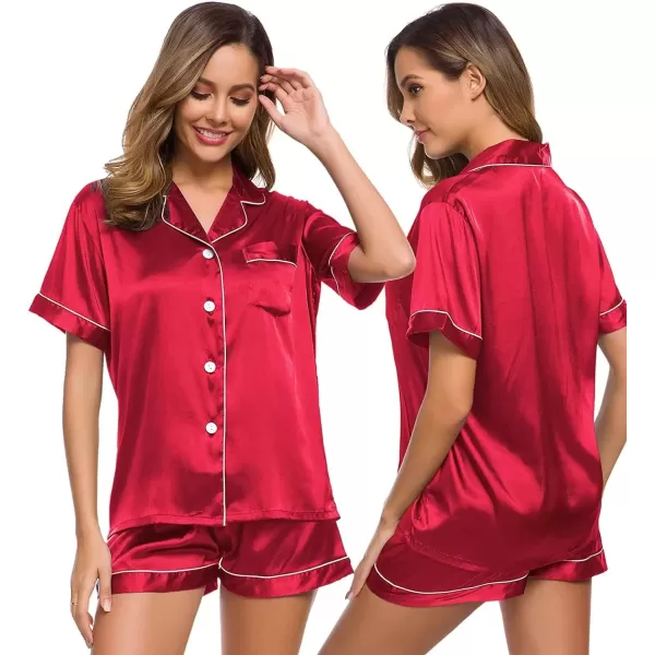 imageSWOMOG Women Satin Pajamas Set Short Sleeve Sleepwear Soft Silky Buttonup Nightwear with Pockets PJS SetChristmas Red