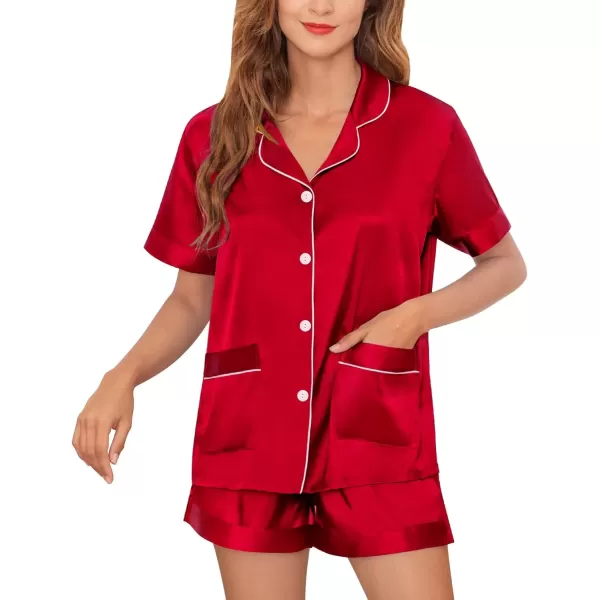 imageSWOMOG Women Satin Pajamas Set Short Sleeve Sleepwear Soft Silky Buttonup Nightwear with Pockets PJS SetChristmas Red