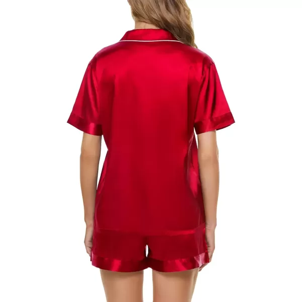 imageSWOMOG Women Satin Pajamas Set Short Sleeve Sleepwear Soft Silky Buttonup Nightwear with Pockets PJS SetChristmas Red