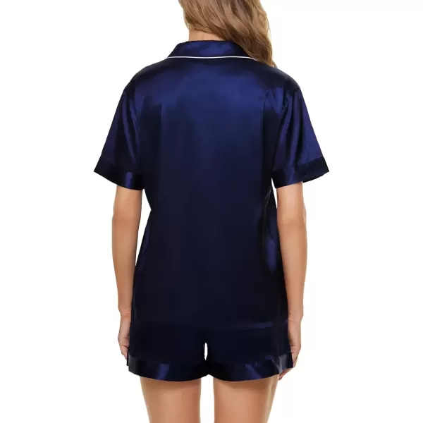 imageSWOMOG Women Satin Pajamas Set Short Sleeve Sleepwear Soft Silky Buttonup Nightwear with Pockets PJS SetDeep Navy Blue