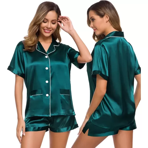 imageSWOMOG Women Satin Pajamas Set Short Sleeve Sleepwear Soft Silky Buttonup Nightwear with Pockets PJS SetGreen