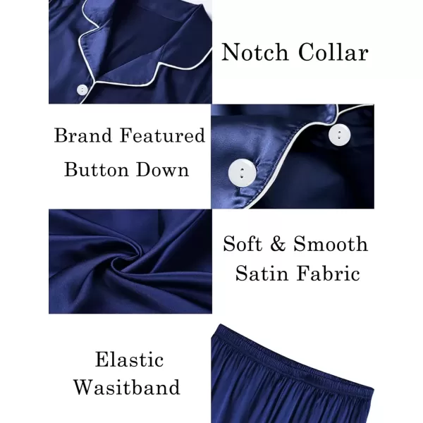 imageSWOMOG Women Satin Pajamas Set Short Sleeve Sleepwear Soft Silky Buttonup Nightwear with Pockets PJS SetNavy Blue