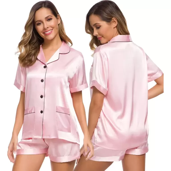 imageSWOMOG Women Satin Pajamas Set Short Sleeve Sleepwear Soft Silky Buttonup Nightwear with Pockets PJS SetPink