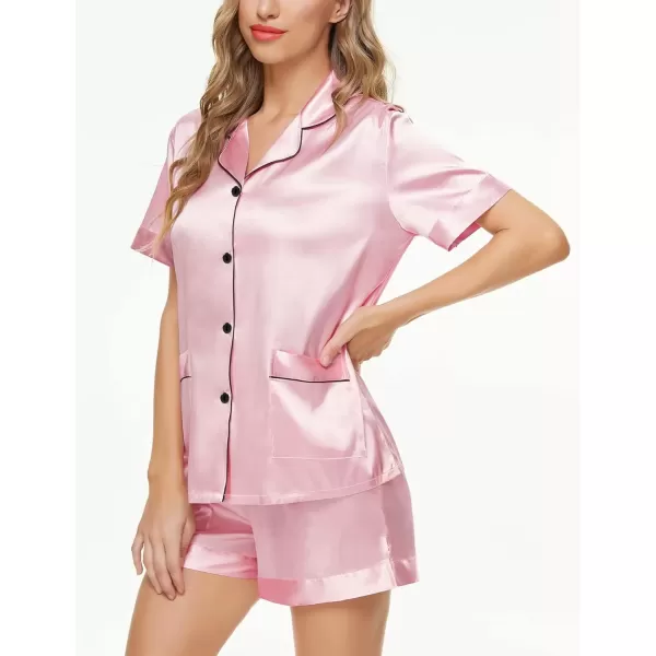 imageSWOMOG Women Satin Pajamas Set Short Sleeve Sleepwear Soft Silky Buttonup Nightwear with Pockets PJS SetPink