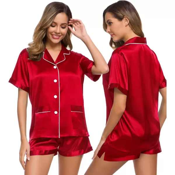 imageSWOMOG Women Satin Pajamas Set Short Sleeve Sleepwear Soft Silky Buttonup Nightwear with Pockets PJS SetRed