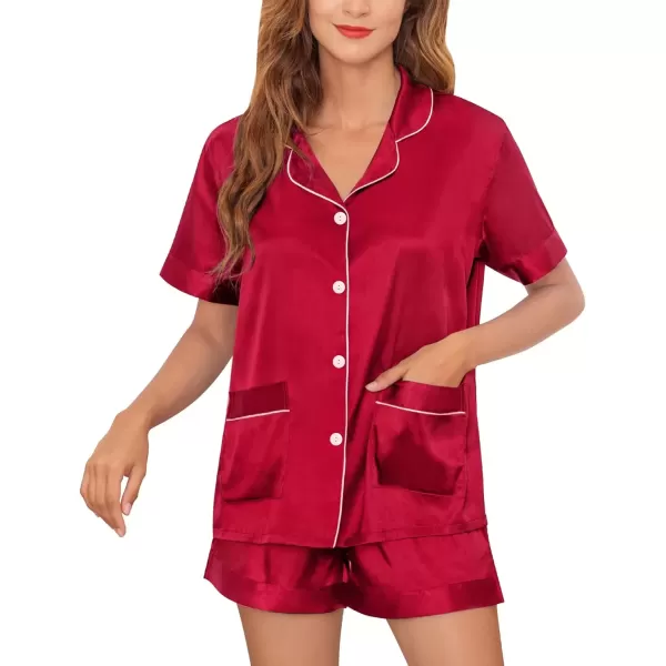 imageSWOMOG Women Satin Pajamas Set Short Sleeve Sleepwear Soft Silky Buttonup Nightwear with Pockets PJS SetRed