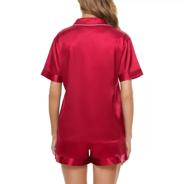 imageSWOMOG Women Satin Pajamas Set Short Sleeve Sleepwear Soft Silky Buttonup Nightwear with Pockets PJS SetRed