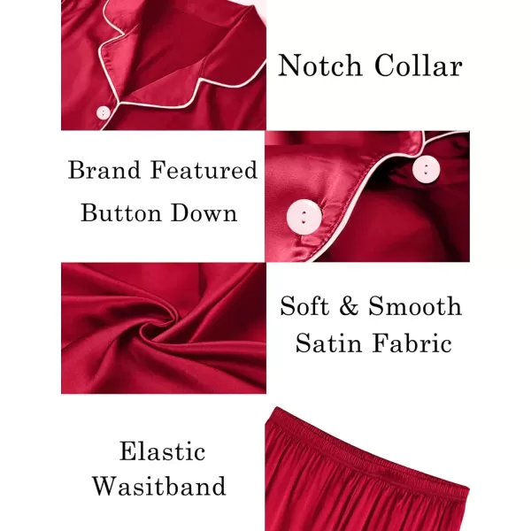 imageSWOMOG Women Satin Pajamas Set Short Sleeve Sleepwear Soft Silky Buttonup Nightwear with Pockets PJS SetRed
