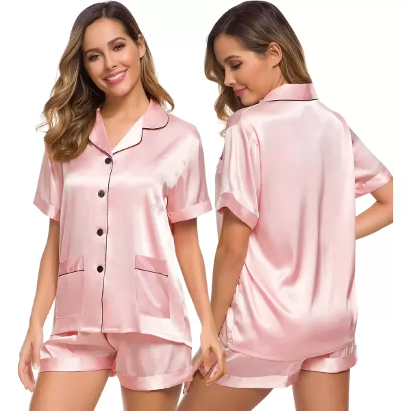 imageSWOMOG Women Satin Pajamas Set Short Sleeve Sleepwear Soft Silky Buttonup Nightwear with Pockets PJS SetSakura Pink