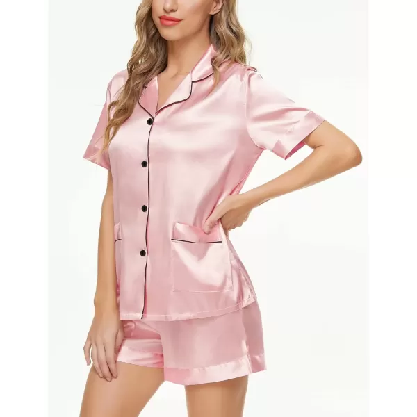 imageSWOMOG Women Satin Pajamas Set Short Sleeve Sleepwear Soft Silky Buttonup Nightwear with Pockets PJS SetSakura Pink