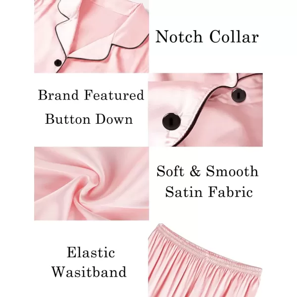 imageSWOMOG Women Satin Pajamas Set Short Sleeve Sleepwear Soft Silky Buttonup Nightwear with Pockets PJS SetSakura Pink