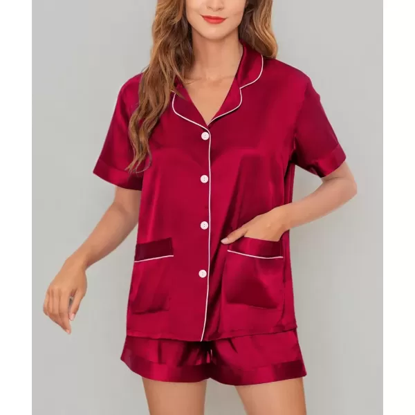 imageSWOMOG Women Satin Pajamas Set Short Sleeve Sleepwear Soft Silky Buttonup Nightwear with Pockets PJS SetWine Red