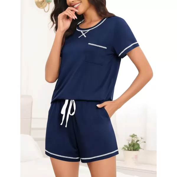 imageSWOMOG Womens Modal Pajama Set Short Sleeve Sleepwear Comfy Pjs Loungewear Sets 2 Piece Casual Nightwear with Pockets SXXLNavy Blue