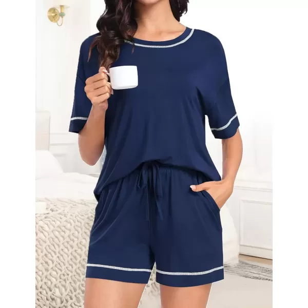 imageSWOMOG Womens Modal Pajama Set Short Sleeve Sleepwear Comfy Pjs Loungewear Sets 2 Piece Casual Nightwear with Pockets SXXLNavy Blue