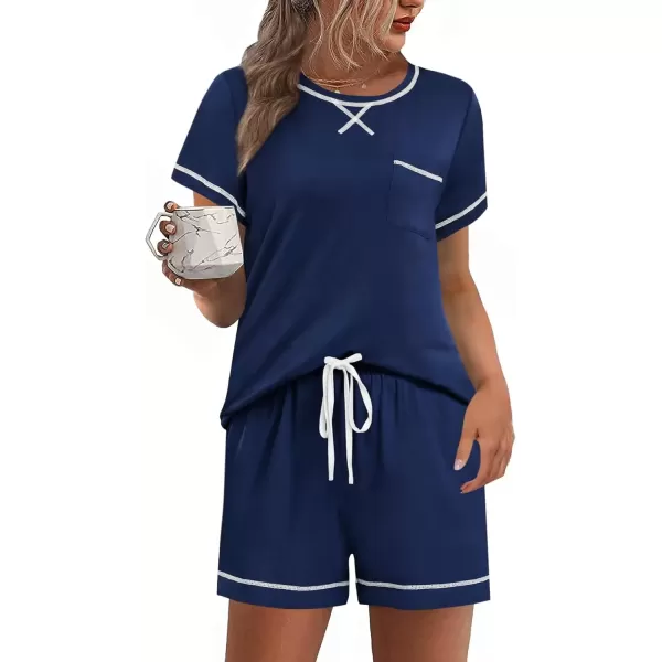 imageSWOMOG Womens Modal Pajama Set Short Sleeve Sleepwear Comfy Pjs Loungewear Sets 2 Piece Casual Nightwear with Pockets SXXLNavy Blue