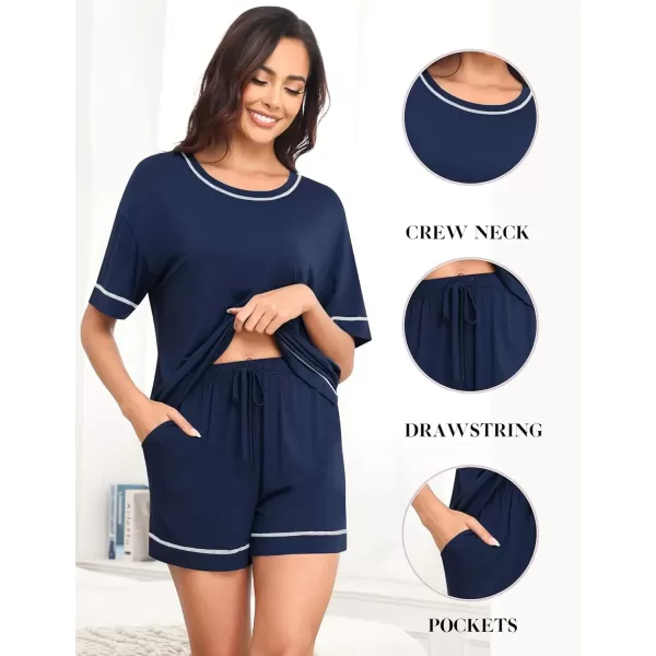 imageSWOMOG Womens Modal Pajama Set Short Sleeve Sleepwear Comfy Pjs Loungewear Sets 2 Piece Casual Nightwear with Pockets SXXLNavy Blue