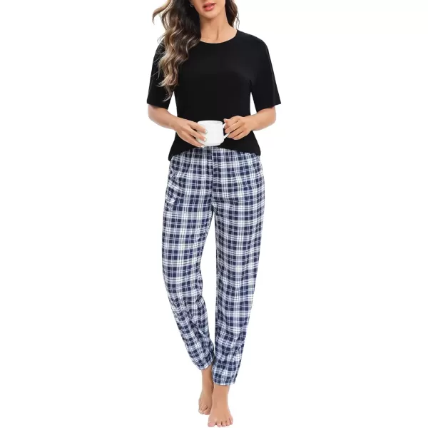 imageSWOMOG Womens Pajama Sets 2 PCS Modal Pjs Sets Short Sleeve Pajama Top ampamp Plaid Pants with Pockets Loungewear SetBlack Bule