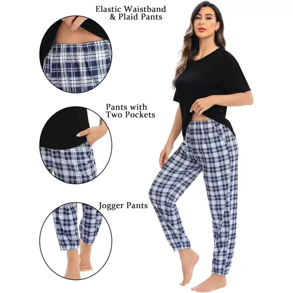 imageSWOMOG Womens Pajama Sets 2 PCS Modal Pjs Sets Short Sleeve Pajama Top ampamp Plaid Pants with Pockets Loungewear SetBlack Bule