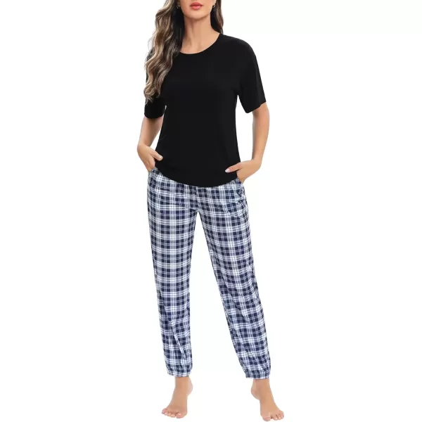 imageSWOMOG Womens Pajama Sets 2 PCS Modal Pjs Sets Short Sleeve Pajama Top ampamp Plaid Pants with Pockets Loungewear SetBlack Bule