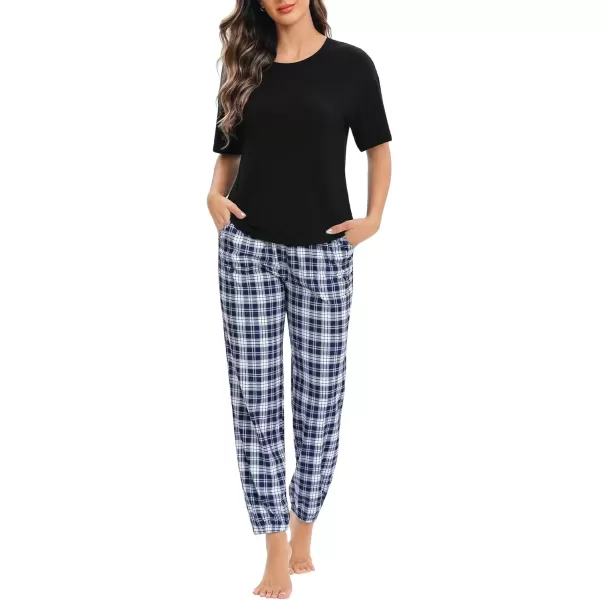 imageSWOMOG Womens Pajama Sets 2 PCS Modal Pjs Sets Short Sleeve Pajama Top ampamp Plaid Pants with Pockets Loungewear SetBlack Bule