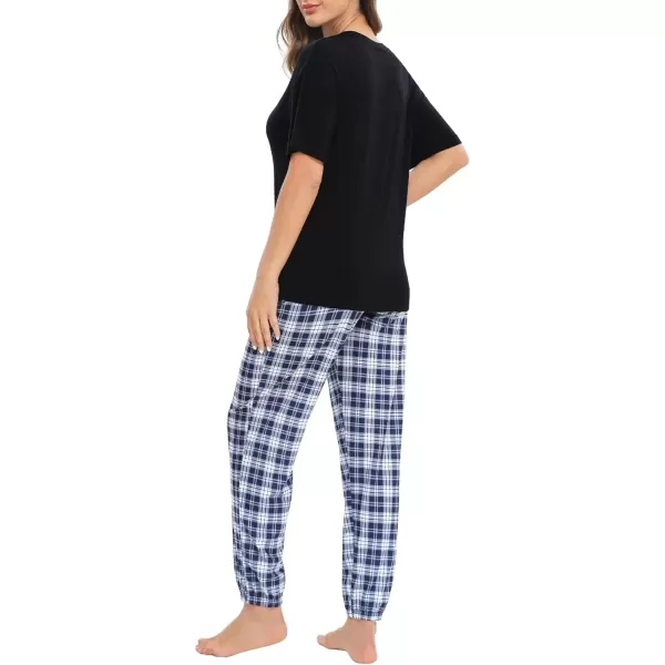 imageSWOMOG Womens Pajama Sets 2 PCS Modal Pjs Sets Short Sleeve Pajama Top ampamp Plaid Pants with Pockets Loungewear SetBlack Bule