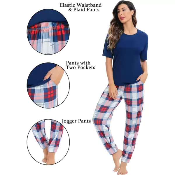 imageSWOMOG Womens Pajama Sets 2 PCS Modal Pjs Sets Short Sleeve Pajama Top ampamp Plaid Pants with Pockets Loungewear SetNavy Blue