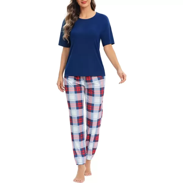 imageSWOMOG Womens Pajama Sets 2 PCS Modal Pjs Sets Short Sleeve Pajama Top ampamp Plaid Pants with Pockets Loungewear SetNavy Blue