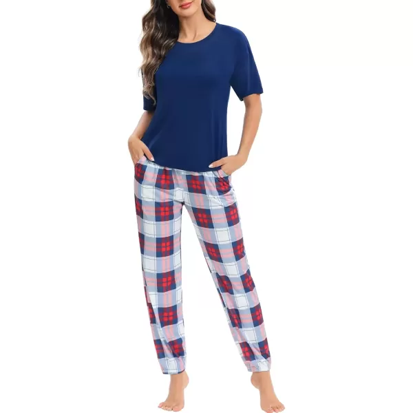 imageSWOMOG Womens Pajama Sets 2 PCS Modal Pjs Sets Short Sleeve Pajama Top ampamp Plaid Pants with Pockets Loungewear SetNavy Blue