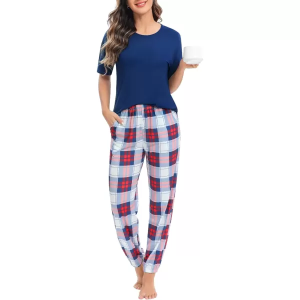 imageSWOMOG Womens Pajama Sets 2 PCS Modal Pjs Sets Short Sleeve Pajama Top ampamp Plaid Pants with Pockets Loungewear SetNavy Blue