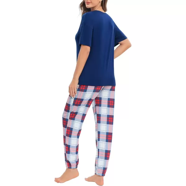 imageSWOMOG Womens Pajama Sets 2 PCS Modal Pjs Sets Short Sleeve Pajama Top ampamp Plaid Pants with Pockets Loungewear SetNavy Blue