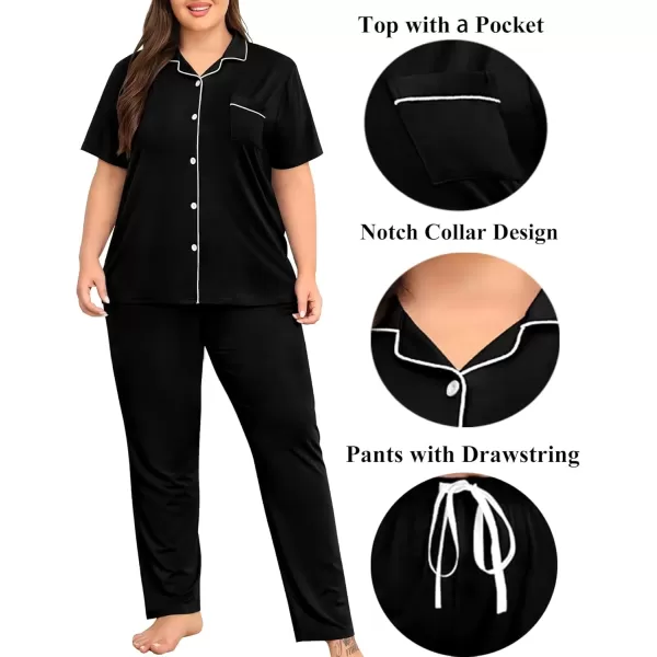 imageSWOMOG Womens Plus Size Pajama Set Short Sleeve Sleepwear Top and Pants Button Up Pajamas for Women LoungewearBlack